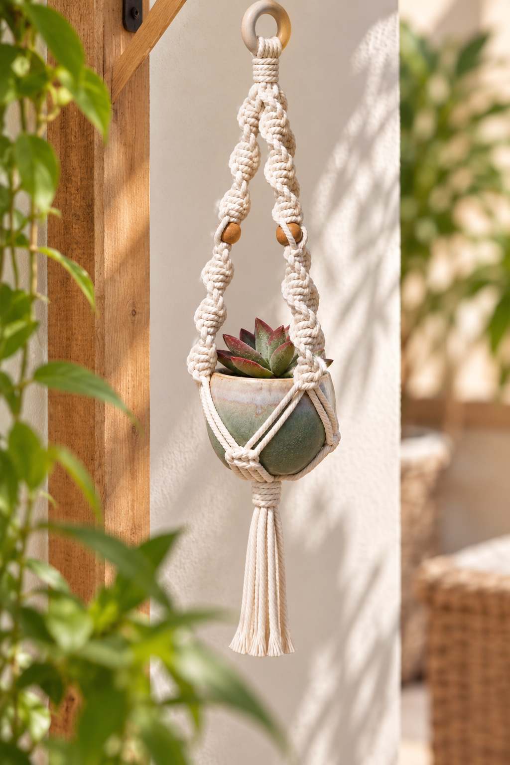 Mini Beaded Macrame Plant Hanger with Mini Ceramic Pot - Little Path