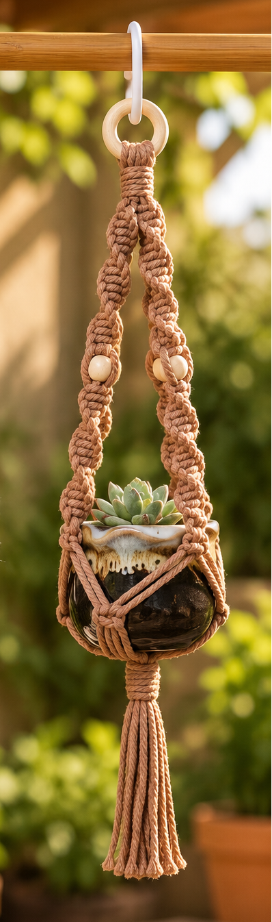 Mini Beaded Macrame Plant Hanger with Mini Ceramic Pot - Little Path
